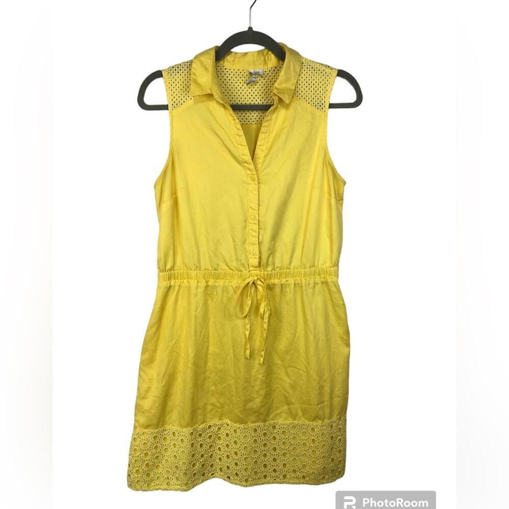 Elle Women’s Dress Eyelet Sunny Yellow Collared Elastic Waist Tie Lined